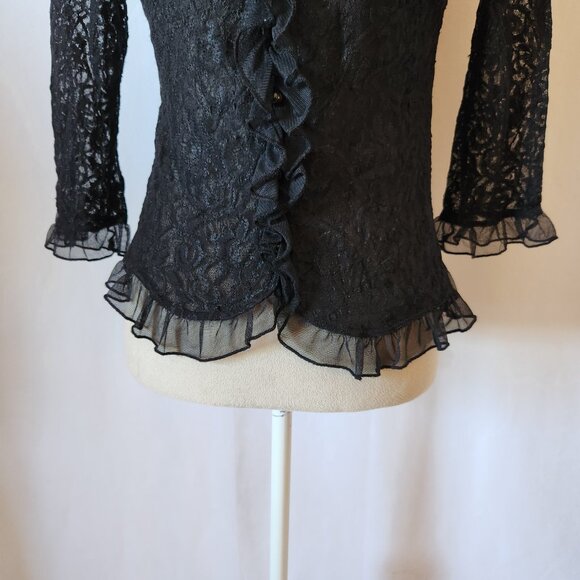 Uniform John Paul Richard Women's Size M Black Sheer Ruffle Lace Faux Button Top - Picture 3 of 13